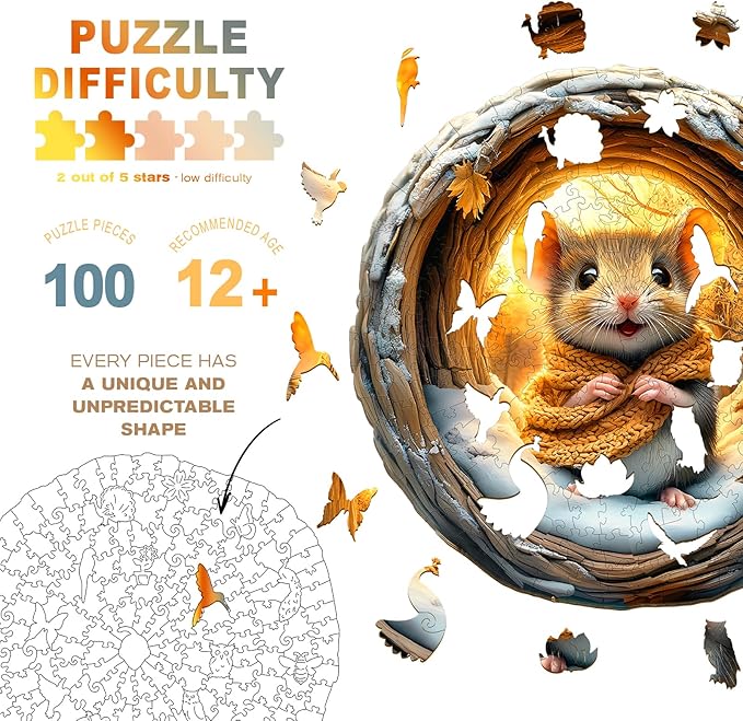 Wooden Puzzles for Adults - Unique Shape 3D Vision Wooden Puzzle - Cave Mouse Wooden Puzzles - Challenging Adult Animal Puzzles Creative Gifts - Birthday Gifts for Adults - Puzzle Toys - (100pcs)
