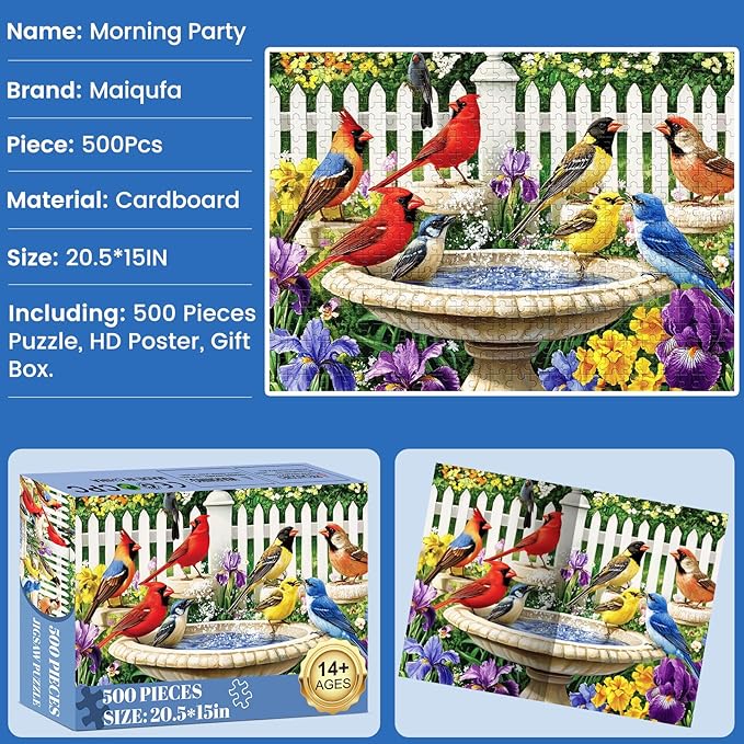 500 Pieces Puzzle for Adults,Birds Bath Flower Fence Puzzle,Recycled Cardboard Animals Jigsaw Puzzle 500 Pieces,Challenging Game Home Decor Birthday Party Gift Toy for Adults Kids Seniors 20.5 * 15 in