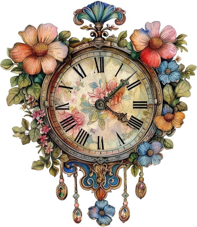Wooden Jigsaw Puzzles, Flower Clock Wooden Puzzles for Adults 200 Pieces, Unique Shaped Wood Puzzle, Beautiful Package, Best Gift for Adults and Kids, Family Game,12.2'' x 10.6''