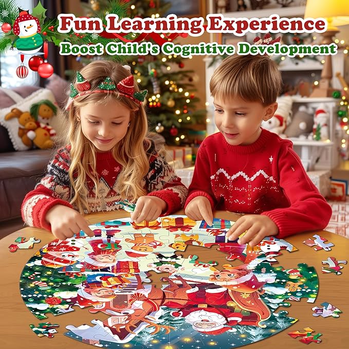 72 Pieces Shimmery Jumbo Christmas Floor Puzzle for Girls 3-5 4-6 Age Floor Puzzles for Boys and Girls Large Round Floor Jigsaw Puzzles (Christmas)