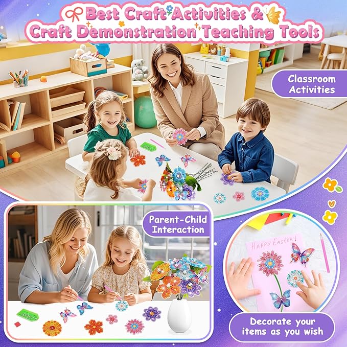 Crafts for 6-8-12-10 Year Old Girls Birthday Gifts, Arts & Crafts for Kids Ages 6-12 Diamond Art Kits for Girl Toys Age 7 8 9 11 Teen Girls DIY Gem Flower Bouquet for Home Room Decor Party Activities