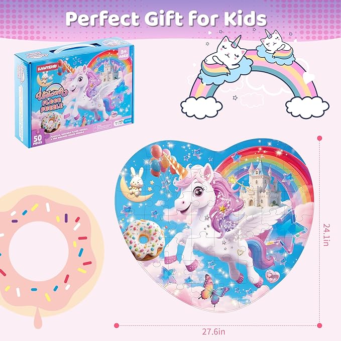 Floor Puzzles for Kids Ages 3-5, Unicorn Puzzles for Toddler Ages 4-6, 50 Pieces Jumbo Puzzles with Box, Unicorn Toys for Gifts 3-8 Years Old