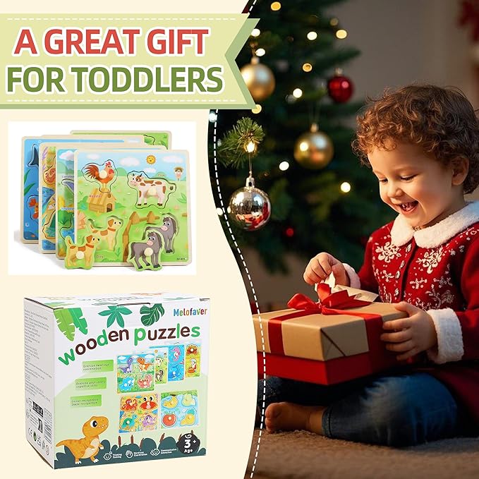 6PCS Wooden Toddler Puzzles, Montessori Toys Peg Puzzles for 3-5 Kid, Toddler Learning Educational Toys Kids Puzzle -Dinosaur, Farm, Farm Animals, Sea Animals, Fruit, Baby Puzzle Gift for Boys Girls