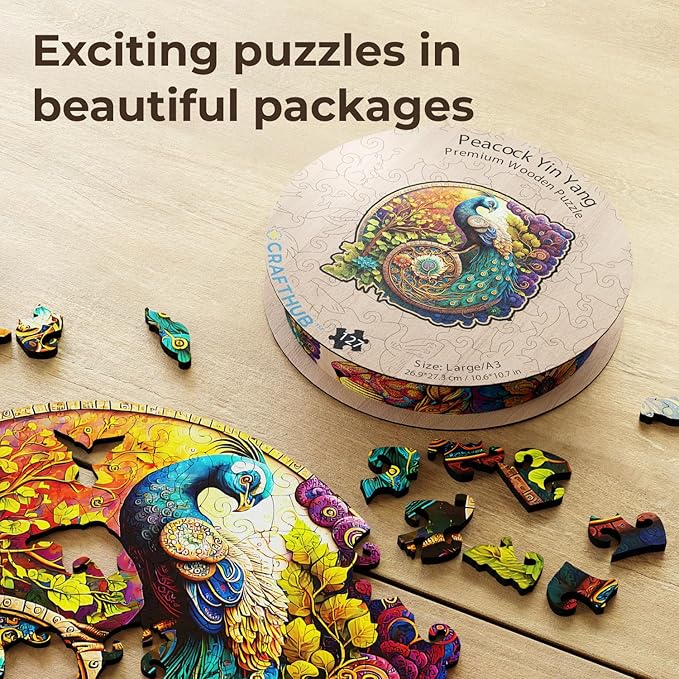CRAFTHUB Animal Wooden Puzzles for Adults – A4 Peacock Yin Yang with 113 Pieces – Jigsaw Puzzles with Unique Animal Shapes – 7.9" x 7.8"