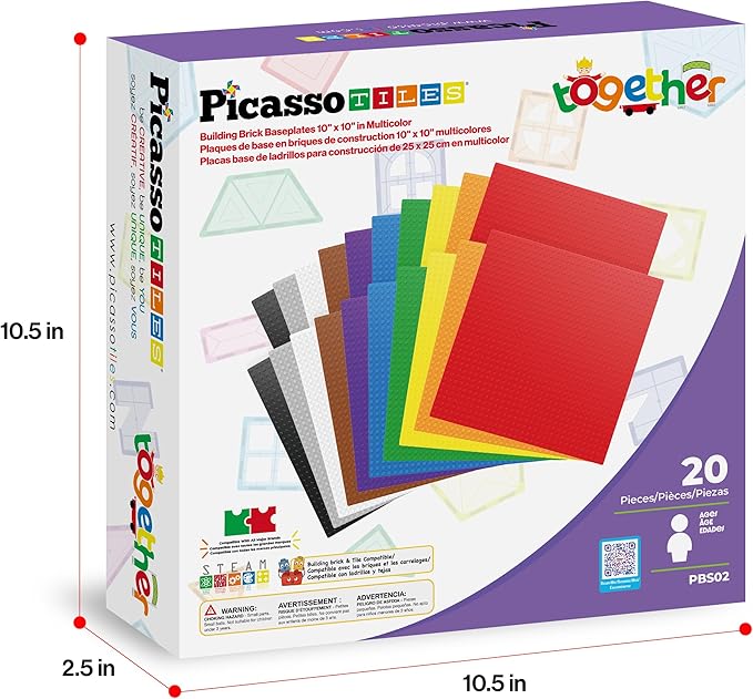 PicassoTiles Brick Baseplate Classic Building Block Foundation Kit 20 Pack 10"x10" Platform Multi Color Bricks Stud Blocks Compatible with All Major Brands STEM Construction Set Kids Ages 3+ PBS02