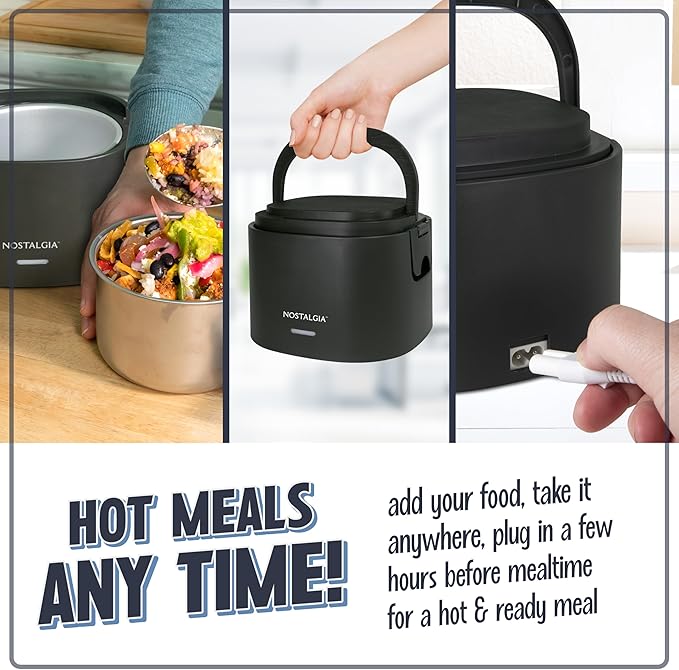 Nostalgia Portable 20-Ounce Electric Heated Lunch Box – Travel Size 2.5 Cup Capacity for Soup, Chili, and Leftovers – Leak Proof Silicone Sealed Lid, Foldable Carry Handle, Detachable Cord – Black