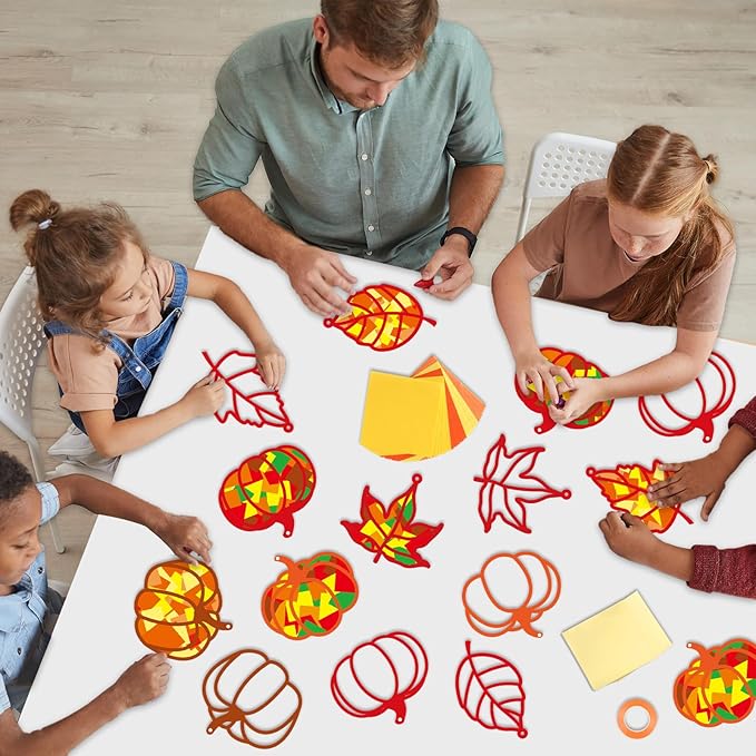Qyeahkj 36 Set Fall Suncatchers Crafts for Kids DIY Autumn Window Tissue Paper Crafts Kit Maple Leaves Pumpkin Hanging Decor for Thanksgiving School Home Activity Art Project Birthday Party Favor Gift