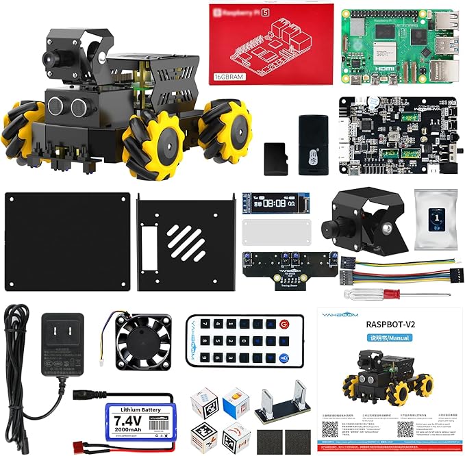 Yahboom AI Vision Robot Pi5-16GB with 2DOF HD Camera Mecanum Wheels Support Python Progamming Open Source DIY Robot Kit for 16+ Teens (with RPi 5-16GB)