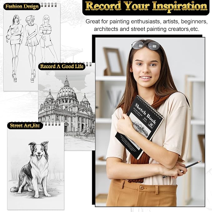 Humyoun 36 Pcs Sketch Drawing Pencils Kit Includes 5.5 x 8.5 Sketch Book and Graphite Pencils (12b - 4h) Top Spiral Bound Sketch Pad for Artists Beginners Teachers