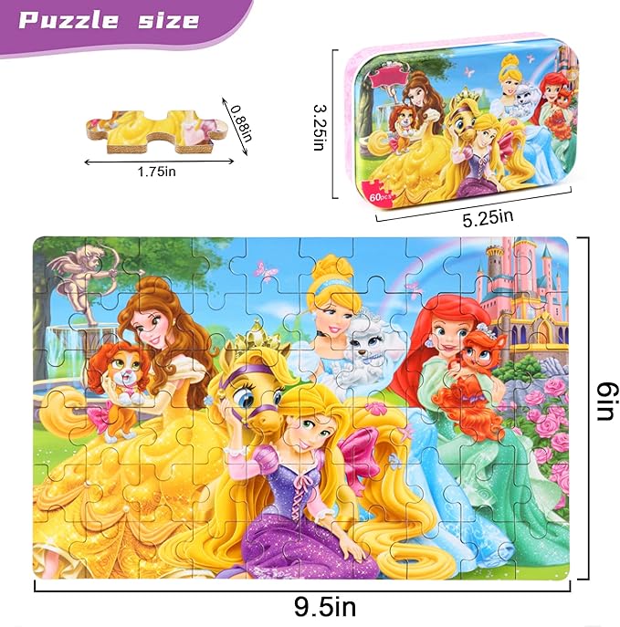 Princess Puzzles for Kids Ages 4-8, 60 Pieces for Kids Ages 3-5 Princess Puzzle for Girls and Boys Toys Jigsaw Puzzles in a Metal Box Educational Puzzles (Princess)