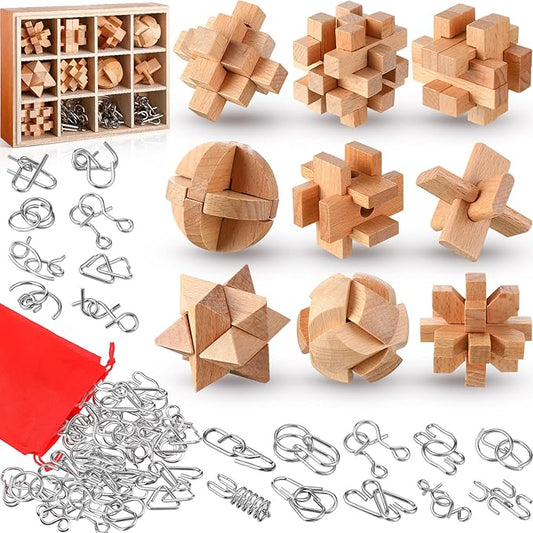 Yilloog 45 Pcs Brain Teasers Metal and Wooden Puzzles for Kids Adults Mind Iq and Logic Test Toys 3D Educational Unlock Interlock Puzzles Box for Family Challenging Games