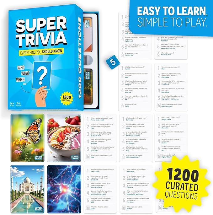 Super Trivia Game for Adults with 1200 Questions - Fun Board Game for Adults - Family Road Trip Travel Game for The Pursuit of Trivial Knowledge