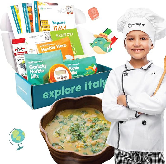 eat2explore Cooking Kits for Kids - Interactive & Educational Set with 3 Recipe Cards, Key Ingredients & Cooking Tools - Ideal Idea for Kids who Love to Create Meals (Italy Edition)