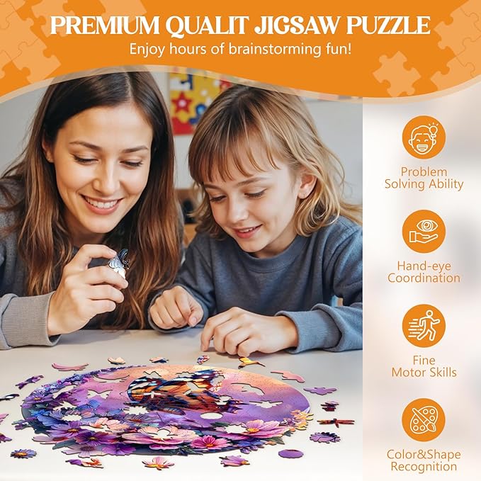 Wooden Puzzles for Adults, Wooden Jigsaw Puzzles for Adults, Butterfly and Moon-1 Unique Shaped Wood Puzzles Adult, Birthday Gifts for Friends Family Game, Home Decor (13.4 * 13.4in 300pcs)