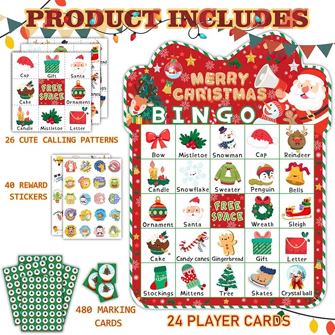 39Pcs Christmas Bingo Game for Kids Adults 24 Players Bingo Cards Christmas Games with Reward Stickers Xmas Activities Family Party Game