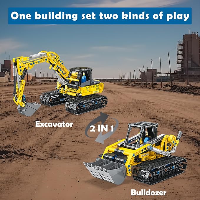 2-in-1 Construction Vehicle Building Kit - Excavator & Bulldozer Building Toys Set | 399 Pieces STEM Learning Toys | Creative Birthday Gifts