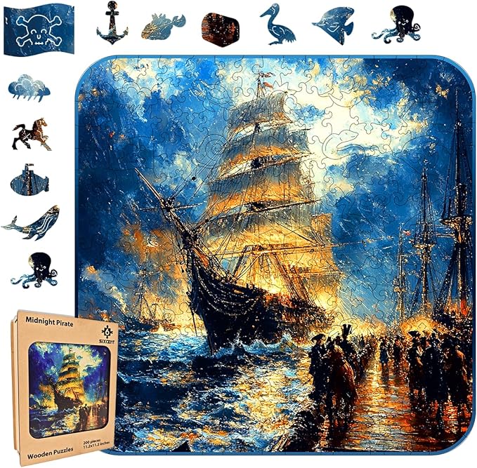 Wooden Jigsaw Puzzle, 200-500 Pieces Unique Shape Animal Puzzle, for Adults & Kids, Birthday Gift Family Game, Decorative Puzzle, Unique Gift (Midnight Pirate, 200 PCS)