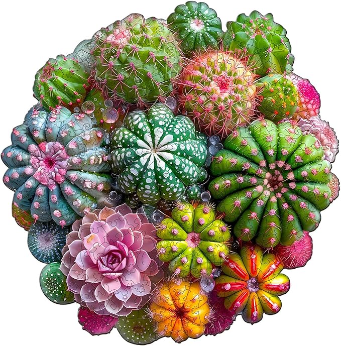 Wooden Puzzles for Adults, Cactus and Succulents Wooden Jigsaw Puzzle 3D Visual Effect Unique Shape Plant Wood Puzzles Adult, Birthday Gifts for Puzzle Lovers Family Games (M-11.4 * 11.3in-200pcs)
