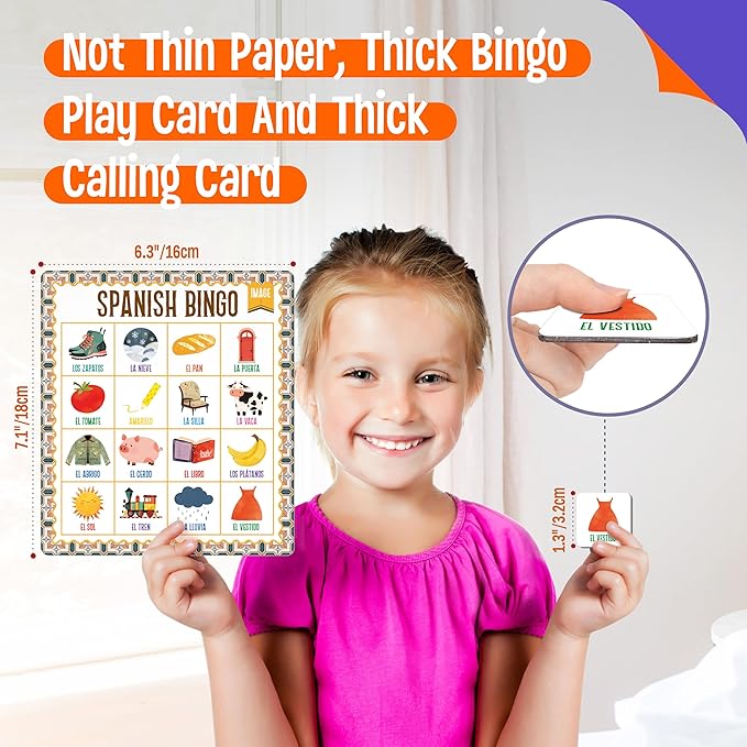 Spanish Bingo Game, 12 Vocabulary Bingo Board Game Bilingual Word Learning Educational Toys for Words Learning - Ages 5 and up (Up to 12 Players)