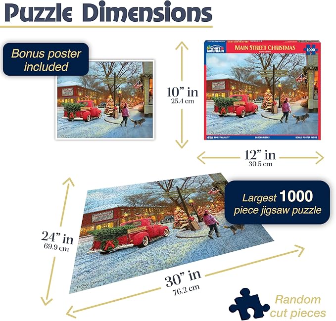 White Mountain 1000 Piece Jigsaw Puzzle Winter Christmas Holiday Puzzles for Adults and Kids 24"x30" Large Pieces - Main Street Christmas