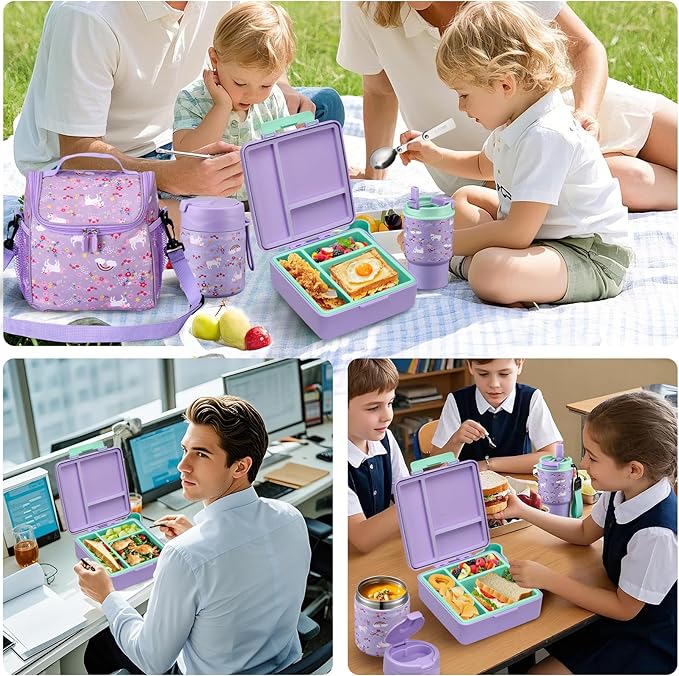 Bento Lunch Box for Kids with 17oz Soup Thermo,Insulated Tumbler Water Bottle and Insulated Lunch Bag,Leak-Proof 3 Compartment Lunch Food Container with with Ice Pack for Kids to School-Horse