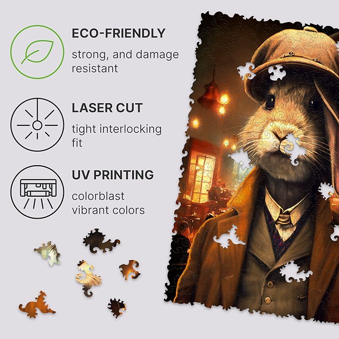 UNIDRAGON Original Wooden Jigsaw Puzzles - Pop Art Thomas Rabbit, 250 pcs, 12.6"x 9", Beautiful Gift Package, Unique Shape Best Gift for Adults and Kids