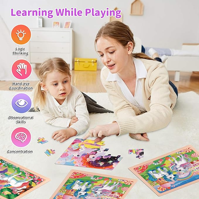 24PCS Wooden Puzzles for Kids Ages 4-6, 4 in 1 Box, Preschool Educational Toys Birthday Gifts Puzzles for 3 4 5 6 7 8 Year Old Boy Girls, Unicorn