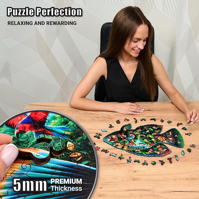 LEOGOR Wooden Jigsaw Puzzles for Adults 200 Pieces (16 × 9.6 in), Fish Puzzle, Extra-Thick 5mm Wood, Sea Life Mosaic Design, Unique Animal Shapes, Relaxing Artistic Gift for Adults and Teens