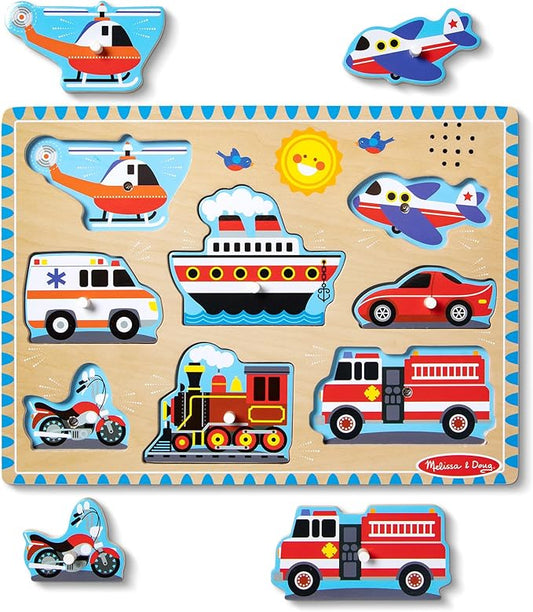 Melissa & Doug Vehicles Sound Puzzle – 8-Piece Wooden Peg Puzzle with Light-Activated Sounds, Music Learning Toy for Toddlers and Preschoolers Ages 2+