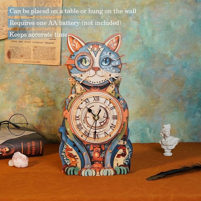 3D Wooden Puzzles for Adults Cat Clock - Model Building Kit Clock Puzzle Creative Craft Gift Home Deco for DIY Enthusiasts, Brain Teaser Building Set Birthday Gifts