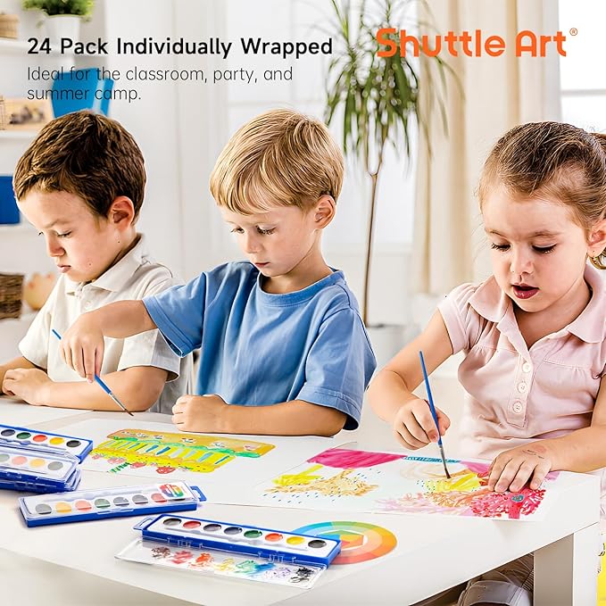 Shuttle Art 24 Pack Watercolor Paint Set, 8 Colors with Paint Brushes & Color Wheels, Washable for Kids & Adults, Suitable for Classroom, Parties, Kindergarten & Art Activities
