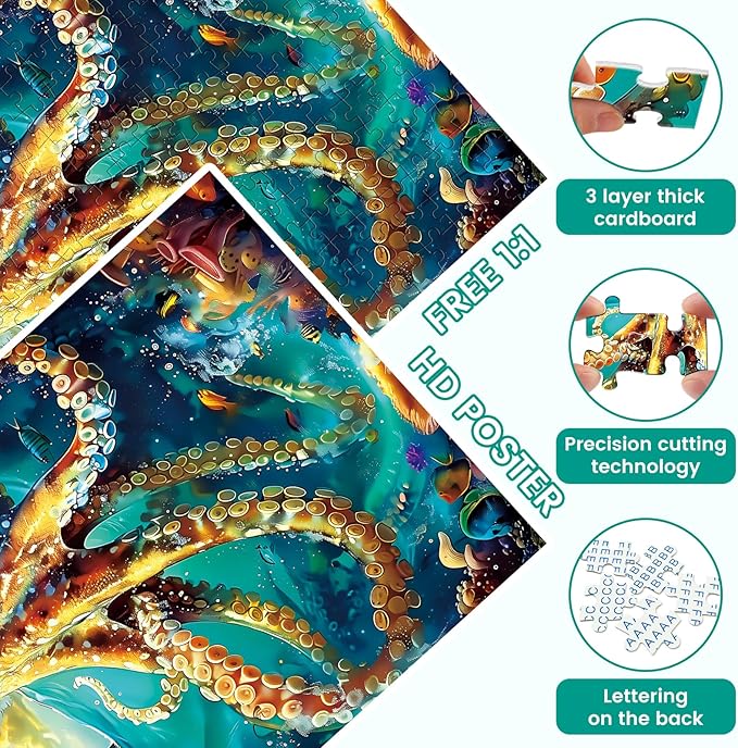 300 Piece Puzzle for Adults, Jigsaw Puzzle, Ocean Sailboat Octopus Jigsaw Puzzles, Funny Family Game and Learn About The Beauty of The Ocean, Friends Family Activity Game Nights Gifts, 20.5x15 in