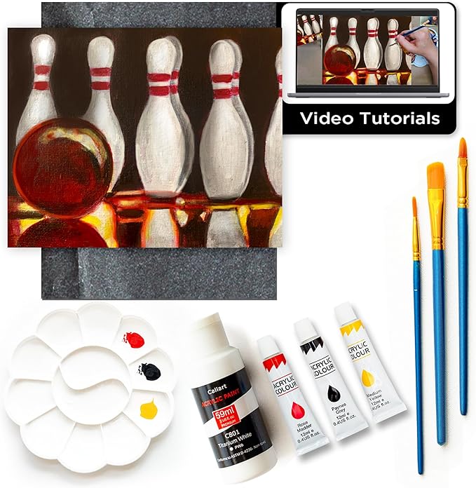 Painting4Real DIY Painting Class Kit for Adults with Video Tutorials: Learn to Paint Bowling – How to Paint with Acrylics – Painting & Art Supplies – 9 Piece Acrylic Paint Set