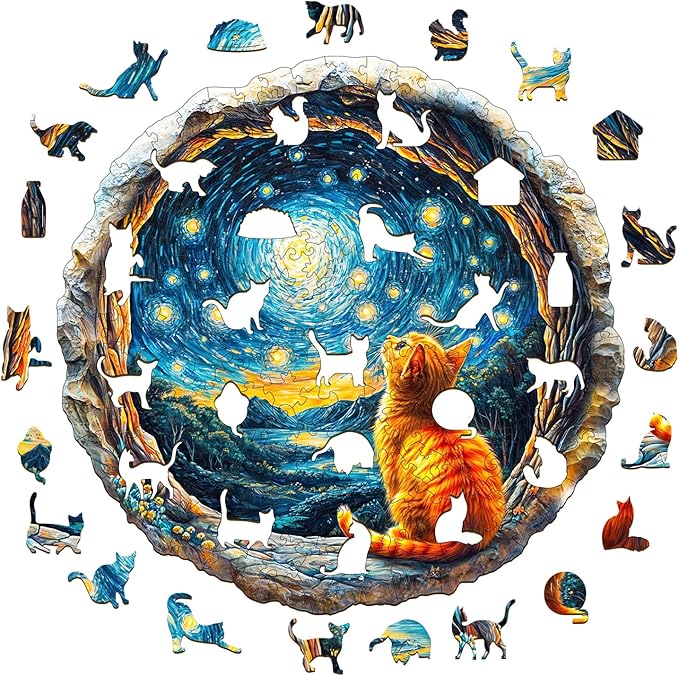 Jigfoxy Wooden Puzzles for Adults, Starry Night Wood Puzzles Adult, Unique Animal Shape Wooden Jigsaw Puzzles for Adults, Birthday Gifts for Puzzle Lovers, Family, Friend (S-8.5 * 8.3in-100pcs)