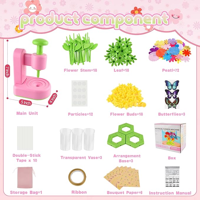 Fabric Flower Bouquets Toys,Flower Making Kit-DIY Craft Kits Toys for Kids,DIY Build Your Flowers Bouquet, Arts and Crafts for 3 4 5 6 7 8+Year Old Girl Birthday Gifts Ideas