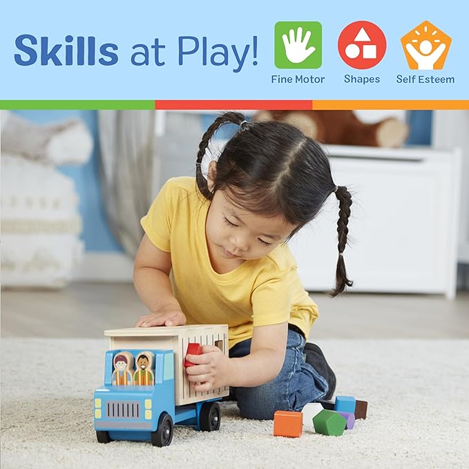 Melissa & Doug Shape-Sorting Wooden Dump Truck Toy with 9 Colorful Shapes and 2 Play Figures Wooden Vehicle Toys, Shape Sorter Toys for Toddlers Ages 2+