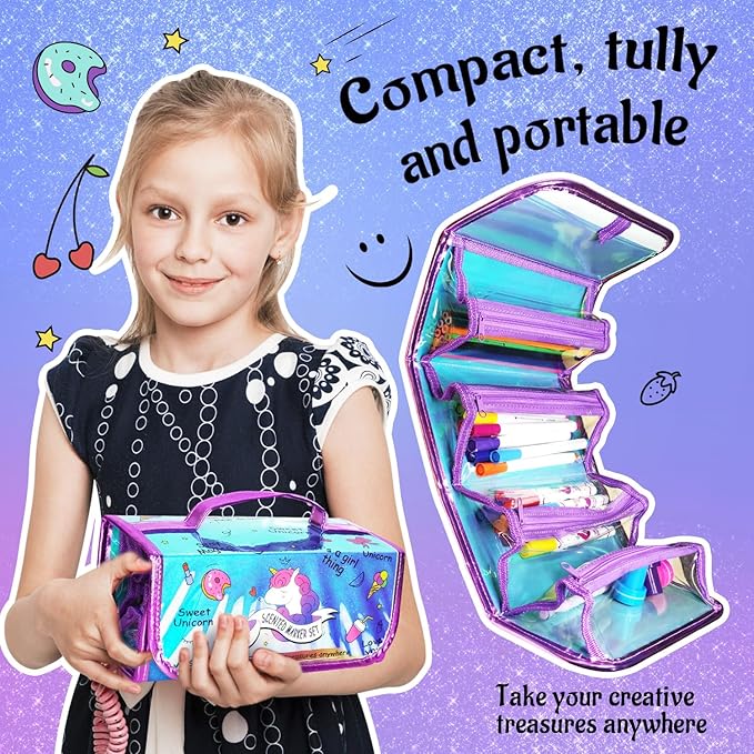 56 PCS Washable Scented Markers Set with Glitter Pencil Case, Mermaid Unicorn Arts and Crafts for kids 4-6-8 Kids Coloring Drawing Kits for 4-8 Years Old Girls Birthday Gifts