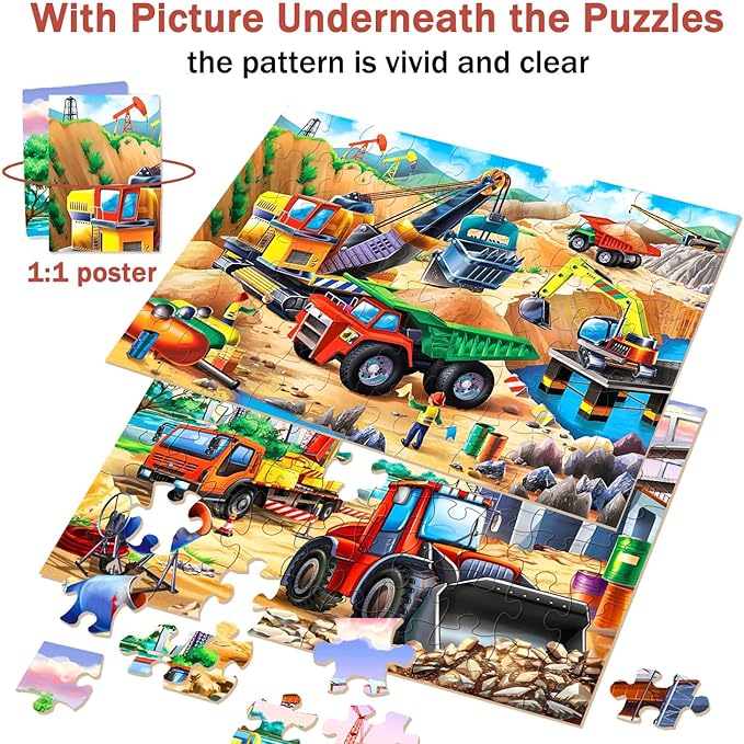 Puzzles for Kids Ages 4-6 – 2x60 Pieces Jigsaw Puzzles for Toddlers 3-5,6-8,Fun Bulldozer & Truck Toys,2 in 1 Pack Educational Construction Site Games for Boy & Girl