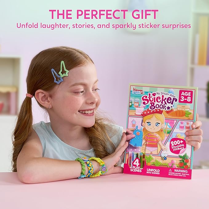 Klever Kits Reusable Sticker Book for Kids, My Dream Home 4 Play Scenes with 200+ Washable Stickers Plane Activity for Toddler Aged 3 4 5 6 7 8 Girls and Boys Birthday Gift