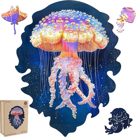 delobil Wooden Puzzles for Adults, Jellyfish Jigsaw Puzzles 200 Pieces, Unique Shape Puzzles for Adults and Kids, 11.7 x 9 Inches Medium Size, Fun Challenging Puzzles Family Game