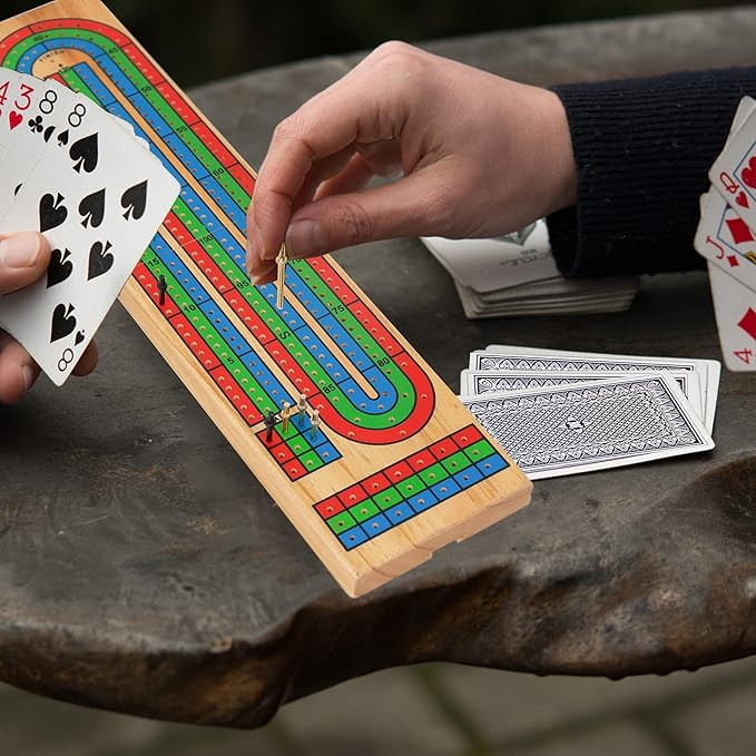 FUNPENY Traditional Wooden Cribbage Board Game Set, 3-Track Color Coded with Metal Pegs and Deck of Playing Cards
