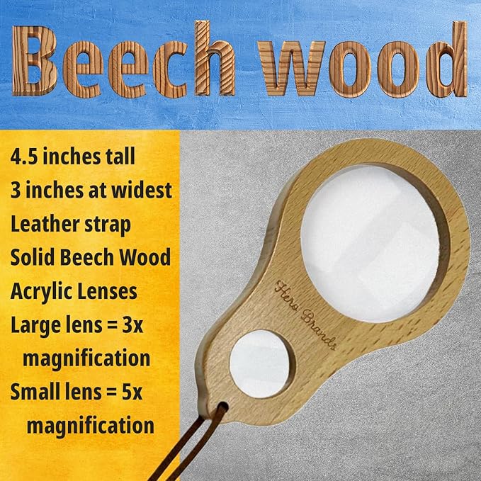 Adventure Set - 2X Wood Magnifying Glass for Kids with 4 Pictures - Wooden Montessori Toy - Learn and Explore