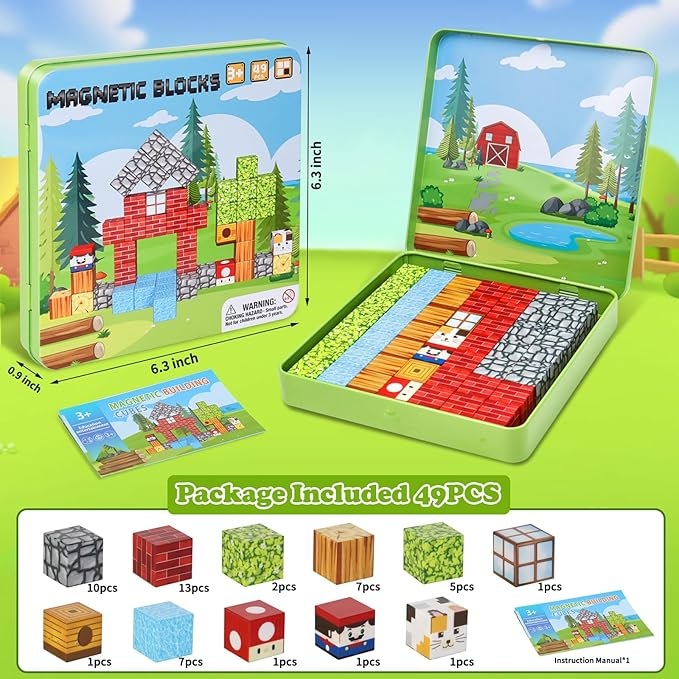 49 PCS Mini Magnetic Building Blocks Travel Toys for Kids Ages 4-8, Travel Magnetic Tiles with Portable Iron Storage Box, STEM Learning Educational Construction Toys for Toddlers 3+
