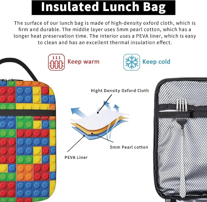 Colorful Bricks Reusable Lunch Box Food Bag Insulated Lunch Bag for Teenage Boys Girls School Beach