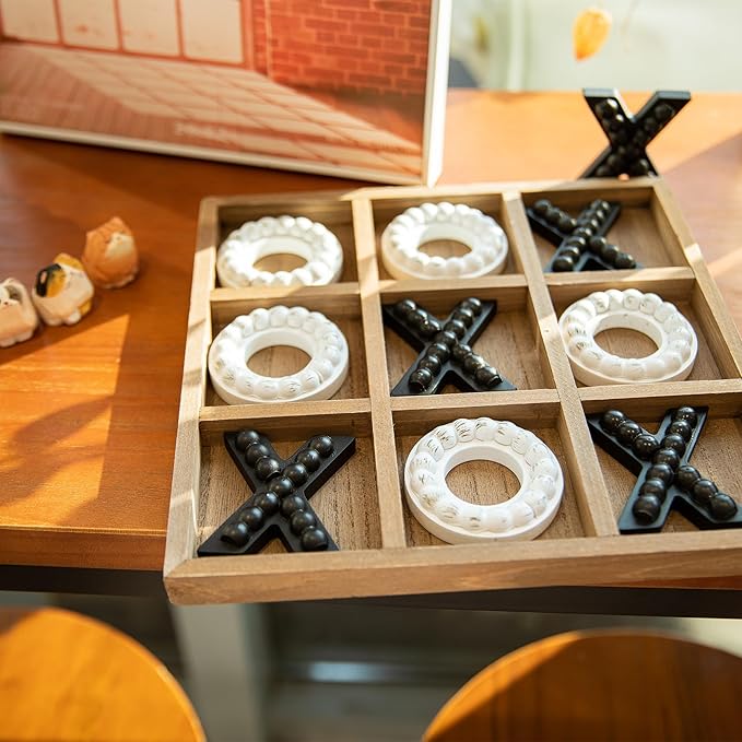 GENMOUS Wooden Tic Tac Toe Game Board for Seniors Family Indoor, 10.6 Inch Rustic Giant Tic Tac Toe Coffee Table Decor, Fun for Family Travel Outdoor Game Room Decor
