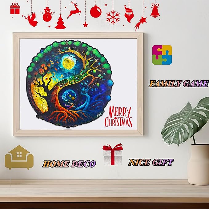 Wooden Jigsaw Puzzle for Adults,Night Tree House Animals Shaped Magic Puzzle Pieces Best Gift for Adults,Can be Used as a Cool Mouse Pad,241pcs,(13.38 * 13.38 inches)