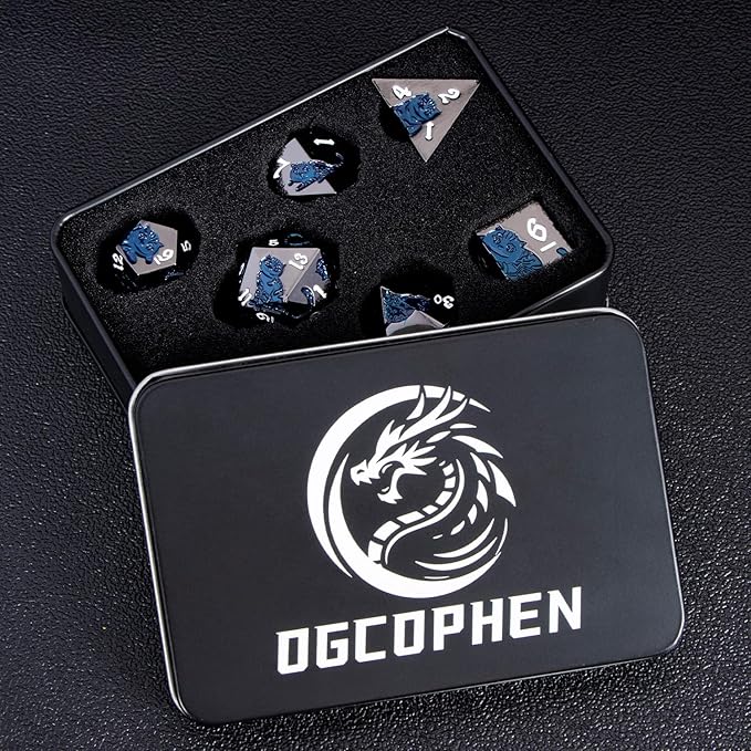 Metal DND Cat Dice 7PCS Polyhedral RPG Dice Set with Gift Case for Dungeons Dragons Role Playing Game, D and D Dice D6 D8 D10 D12 D20 D% (Blue Black)