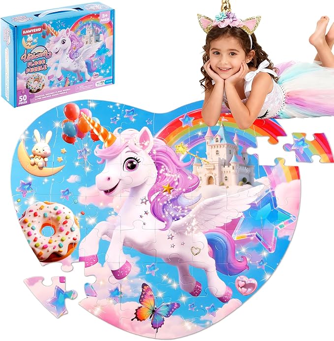 Floor Puzzles for Kids Ages 3-5, Unicorn Puzzles for Toddler Ages 4-6, 50 Pieces Jumbo Puzzles with Box, Unicorn Toys for Gifts 3-8 Years Old