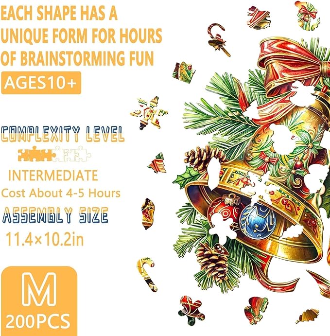 Wooden Puzzles for Adults, Bells Wood Puzzles Adult, Wooden Jigsaw Puzzles for Adults, Holiday Winter Puzzle, Unique Animal Shape, Gifts for Friends and Family (M-11.4 * 10.2in -200 Pcs)