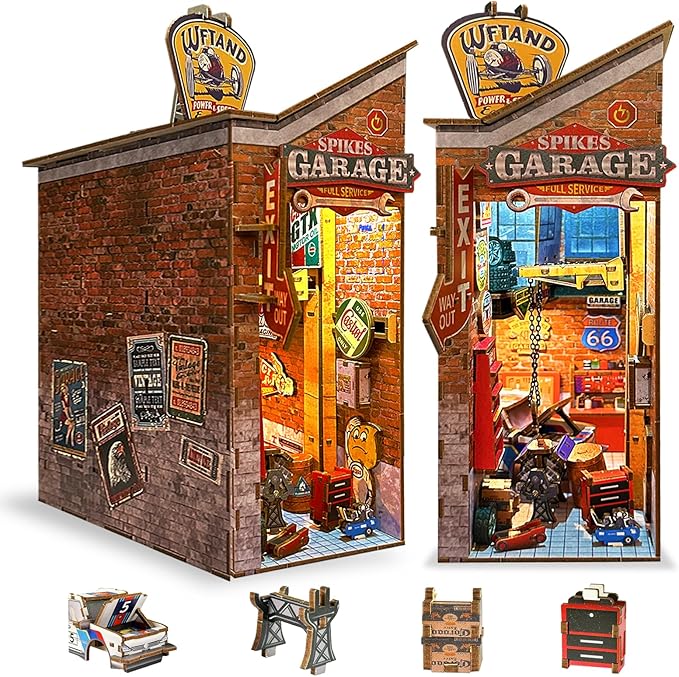 Garage Book Nook Kit - 3D Wooden Puzzle Miniature Book Nook Kits for Adults Teen, DIY Dollhouse Bookshelf Insert Decor with Sensor LED Light, Gift for Family, Friends